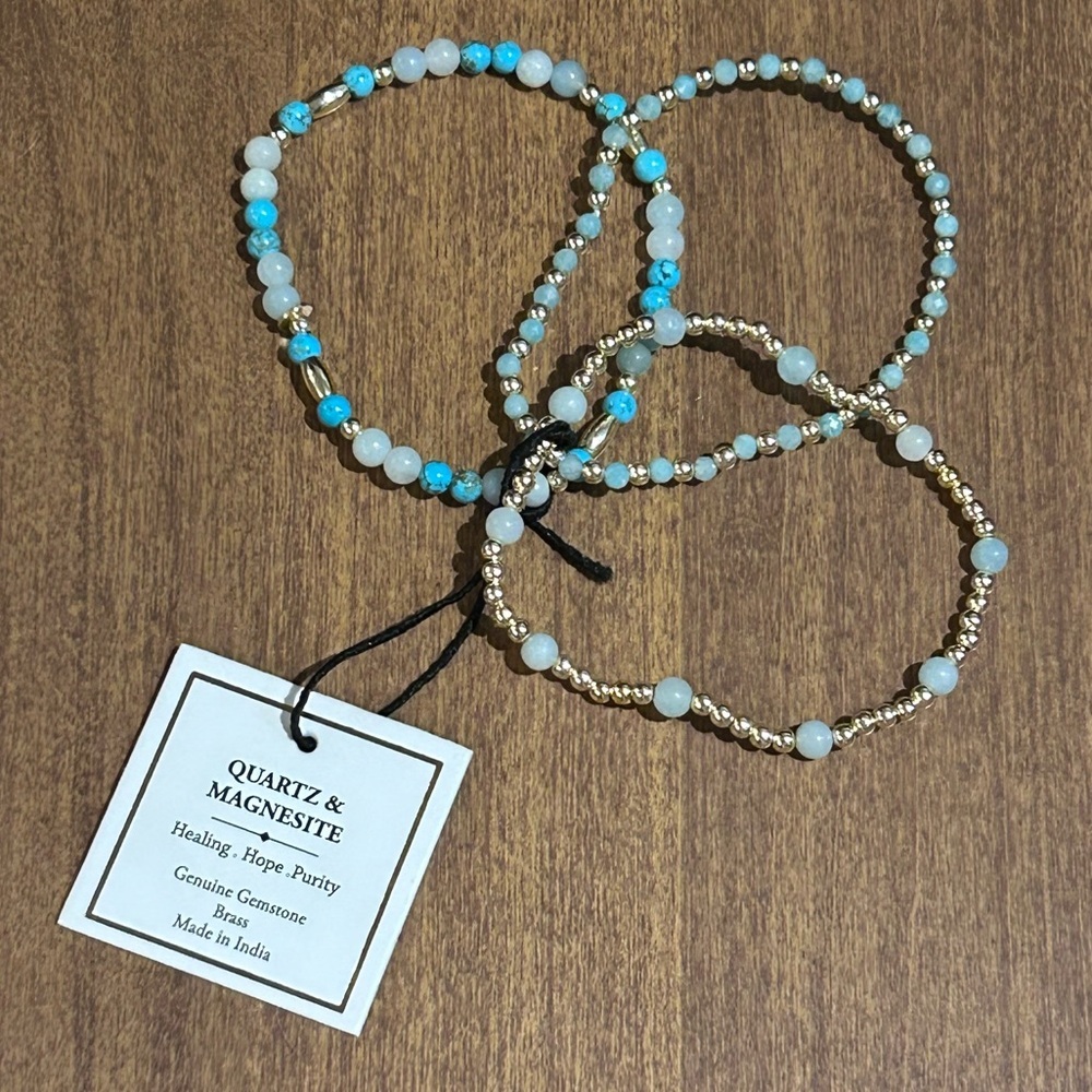 SHIVAM Made In India Set Of 3 Quartz Magnesite Gemstone Stretch Bracelets NWTS